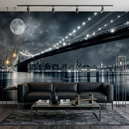 Brooklyn Köprüsü Dolunay Gece Gökyüzü Siyah Beyaz Duvar Kağıdı