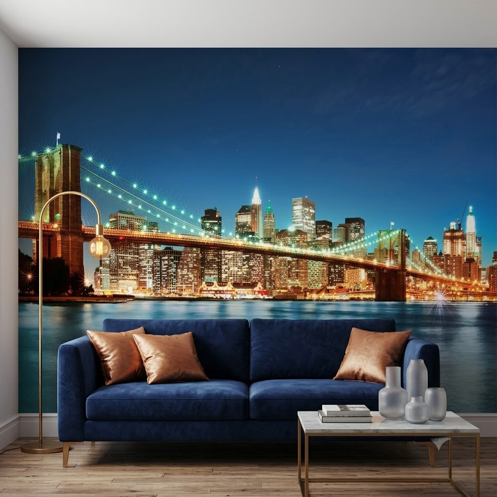 Brooklyn Köprüsü Gece Aydınlatılmış Manhattan Silueti Mavi Bej Duvar Kağıdı