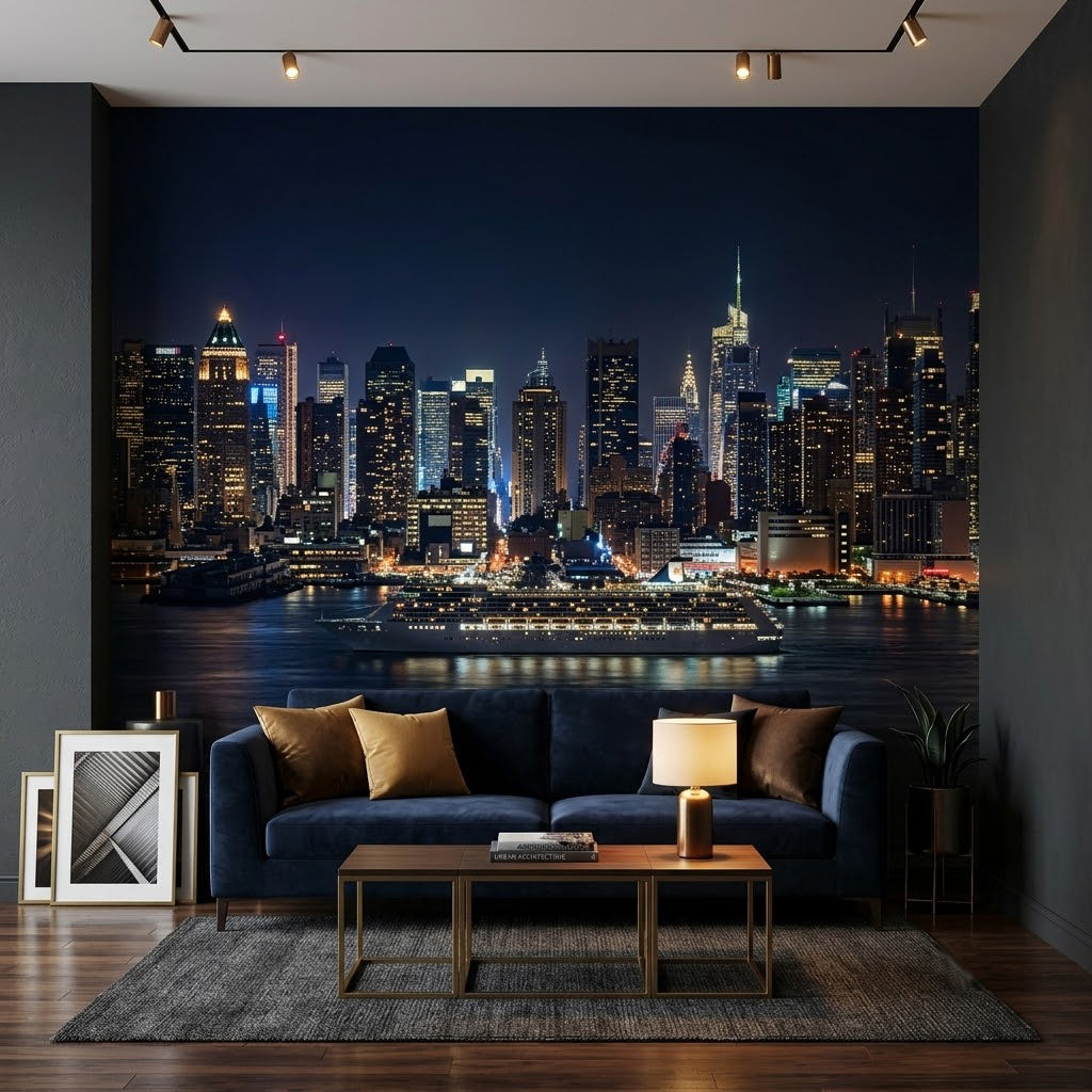 New York Şehir Silüeti Gece Işıkları Mavi Mor Duvar Kağıdı