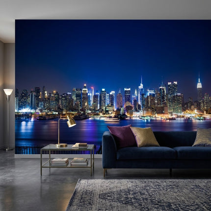New York Şehir Silueti Gece Işıklı Gökdelenler Lacivert Duvar Kağıdı