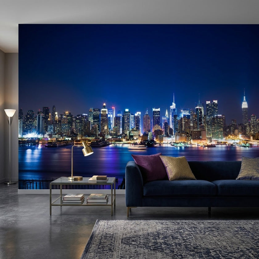 New York Şehir Silueti Gece Işıklı Gökdelenler Lacivert Duvar Kağıdı