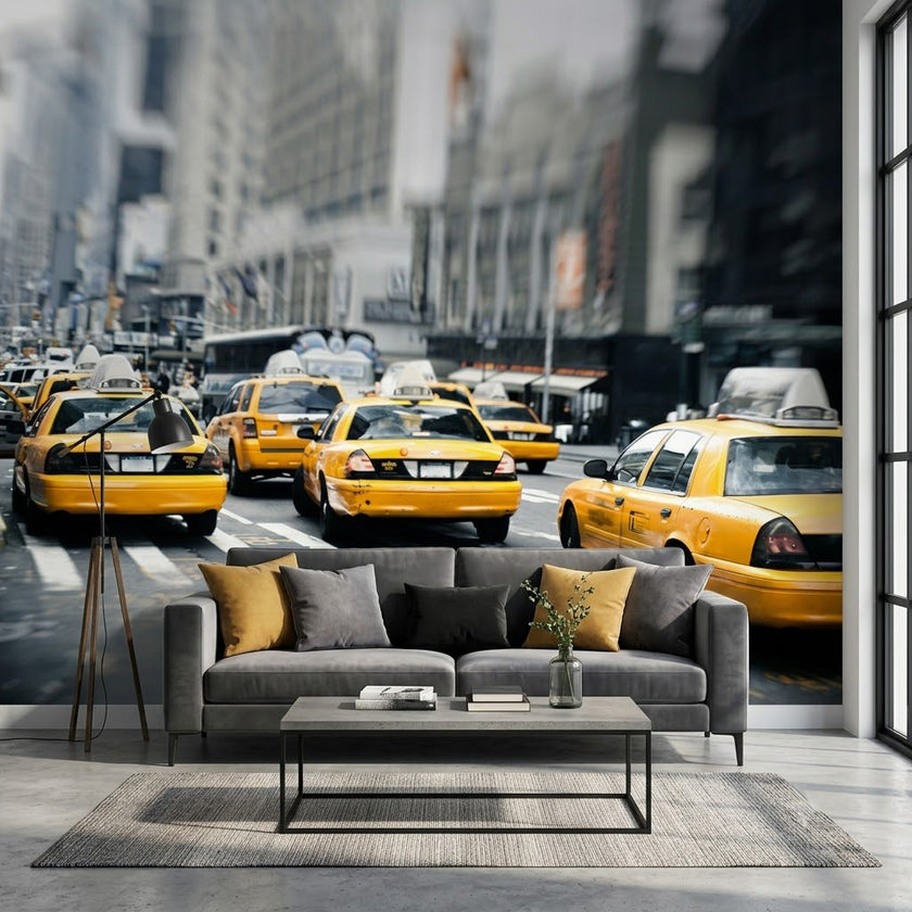 Sarı Taksi Kaosu Canlı New York Şehir Trafiği Siyah Beyaz Duvar Kağıdı