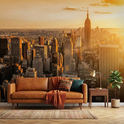 New York Empire State Binası Gün Batımı Gökdelenler Panoraması Sarı Duvar Kağıdı