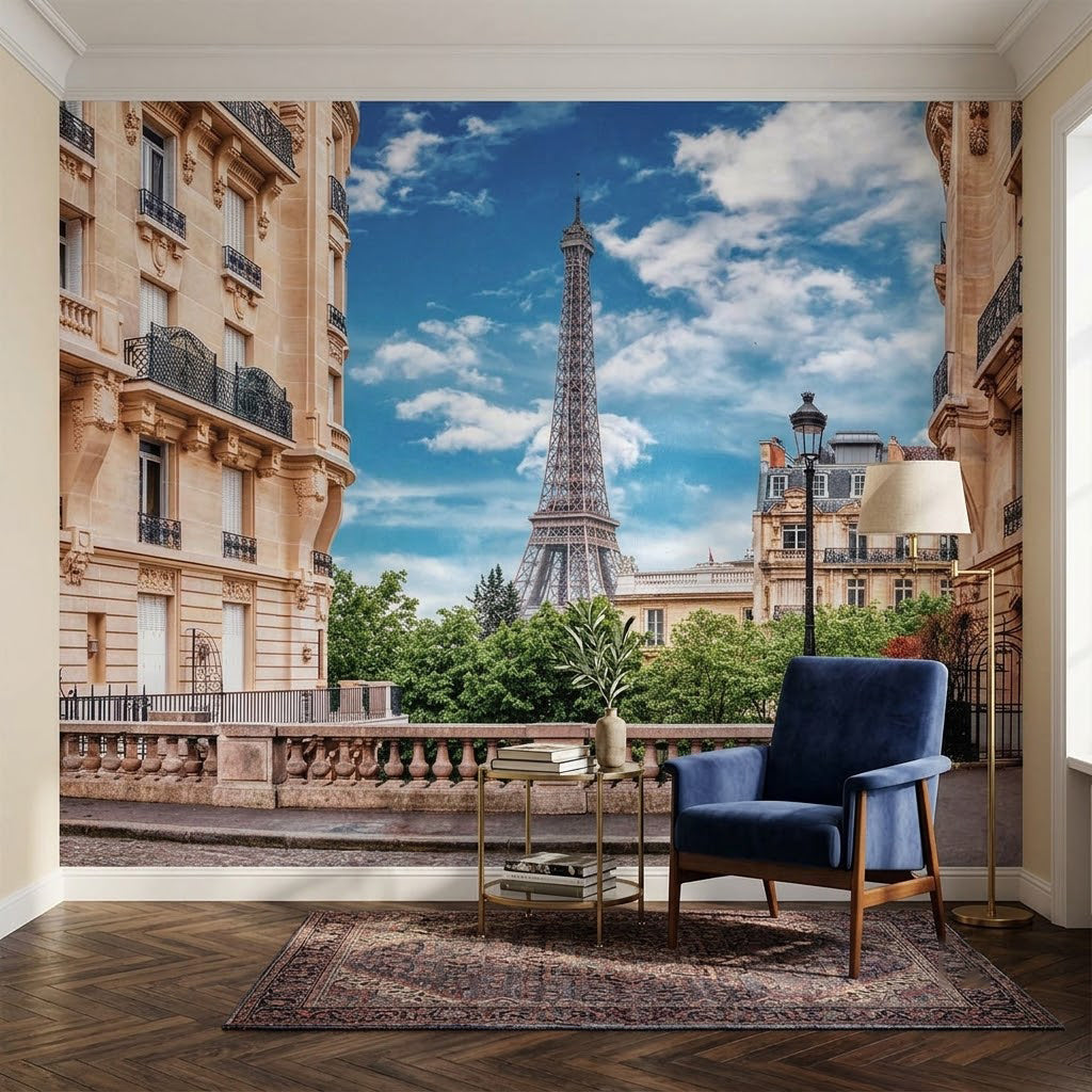 Eyfel Kulesi Paris Arnavut Kaldırımlı Sokak Manzarası Pastel Duvar Kağıdı