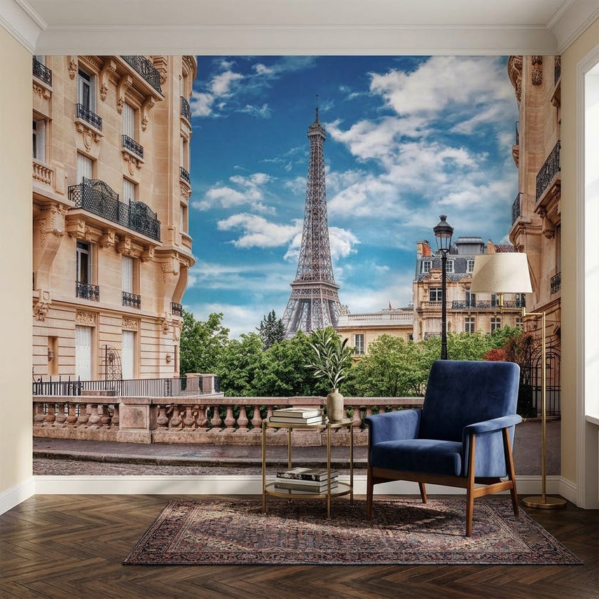 Eyfel Kulesi Paris Arnavut Kaldırımlı Sokak Manzarası Pastel Duvar Kağıdı