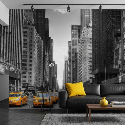 New York Sarı Taksiler Siyah Beyaz Duvar Kağıdı