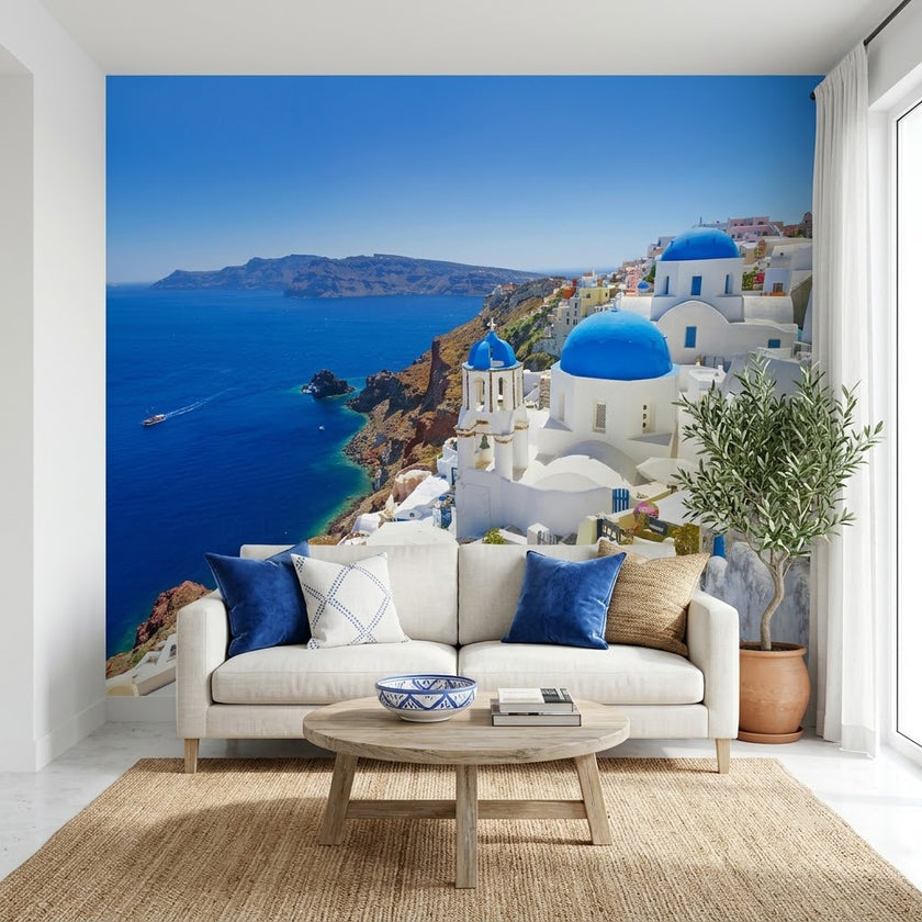 Santorini Mavi Kubbeler Deniz Manzarası Canlı Yunan Adası Beyaz Duvar Kağıdı