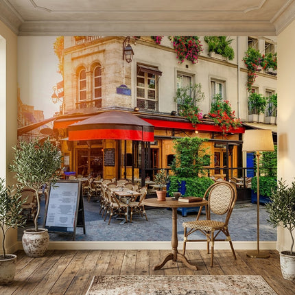 Paris Sokak Kafeler Kırmızı Tente Çiçek Saksıları Bej Duvar Kağıdı