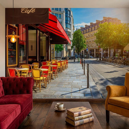 Paris Kafe Güneşli Arnavut Kaldırımlı Sokakta Pastel Duvar Kağıdı
