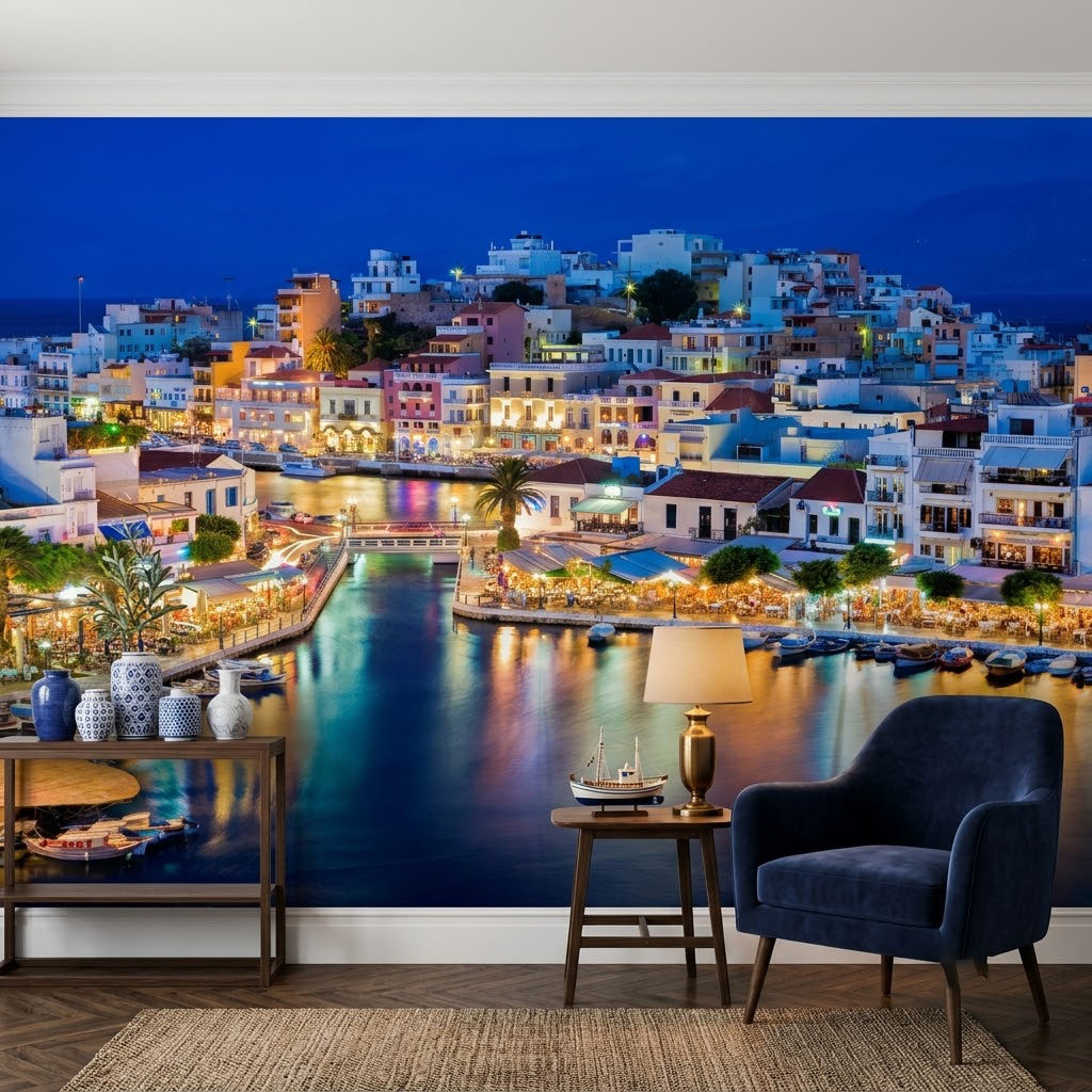 Büyüleyici Yunan Adası Limanı Akdeniz Sahil Işıkları Tekneler Lacivert Duvar Kağıdı