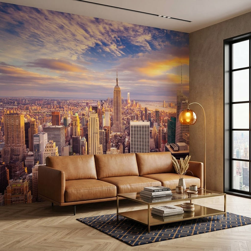Gün Batımı New York Silueti Gökdelenler Panoraması Sıcak Turuncu Duvar Kağıdı