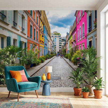 Renkli Paris Sokakları Gökkuşağı Evler Pastel Duvar Kağıdı