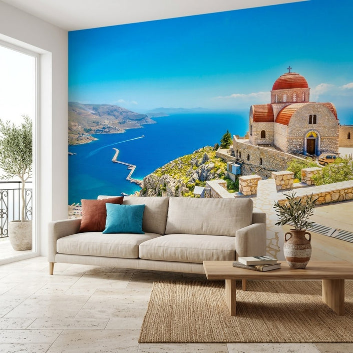 Kırmızı Kubbeli Kilise Deniz Manzarası Yunan Adası Mavi Bej Duvar Kağıdı
