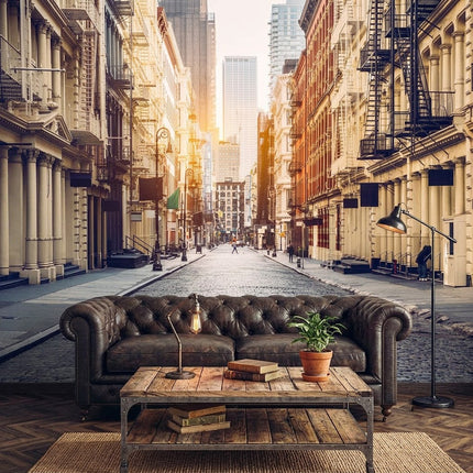 New York Tarihi Sokaklar Güneş Işığı Gri Bej Duvar Kağıdı