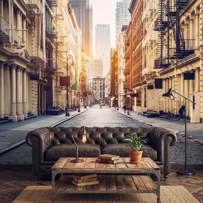 New York Tarihi Sokaklar Güneş Işığı Gri Bej Duvar Kağıdı