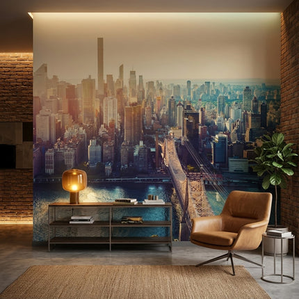 New York Brooklyn Köprüsü Gün Batımı Panoraması Bej Duvar Kağıdı