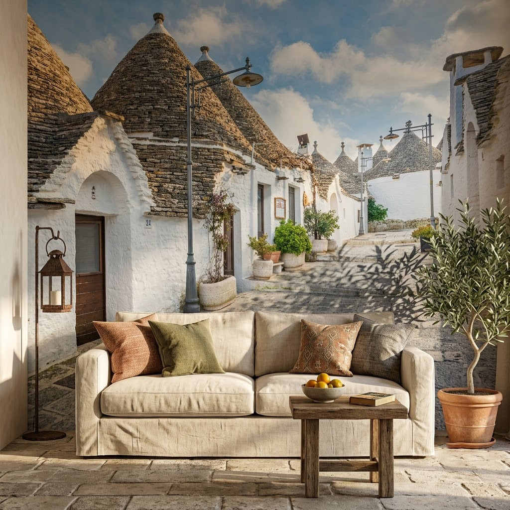 Alberobello Trulli Beyaz Evler Taş Çatılı Sokak Masalsı Köy Bej Duvar Kağıdı