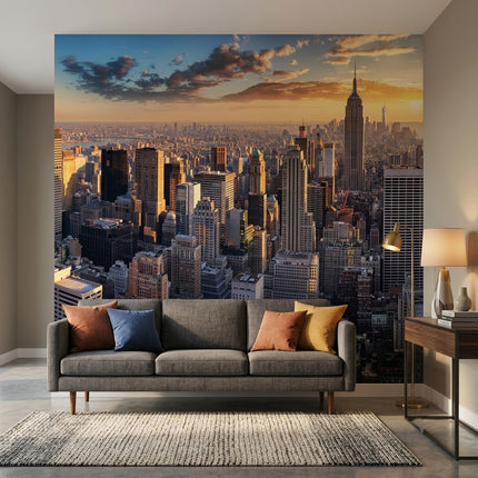New York Gün Batımı Panoraması Gökdelenler Mavi Bej Duvar Kağıdı