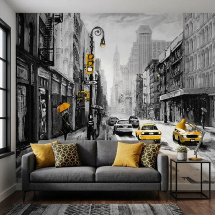New York Yağmurlu Sokak Sarı Taksi Modern Suluboya Siyah Beyaz Duvar Kağıdı