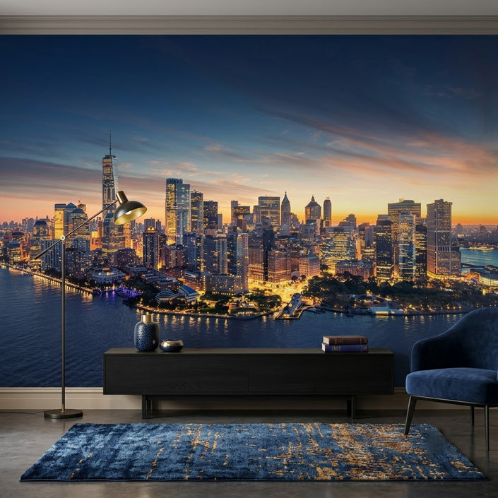New York Gün Batımı Panoraması Brooklyn Köprüsü Işıkları Turuncu Lacivert Duvar Kağıdı