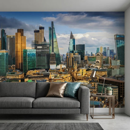 Londra Şehri Gökdelenler Gün Batımı Panoraması Mavi Sarı Duvar Kağıdı