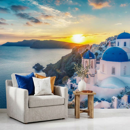 Beyaz Evler Deniz Manzarası Romantik Yunan Adası Mavi Duvar Kağıdı
