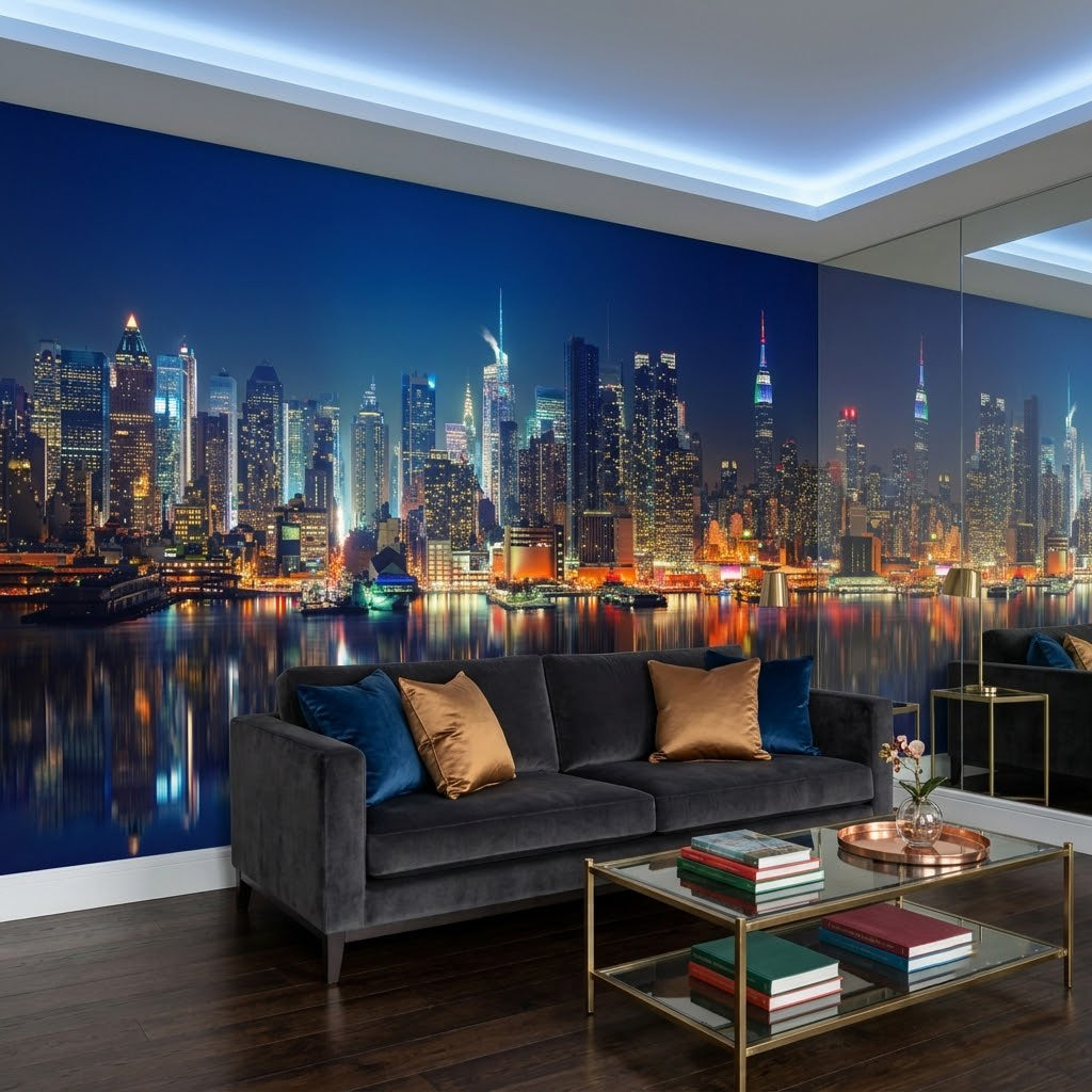 New York Gece Parlak Işıklar Büyüleyici Panorama Lacivert Duvar Kağıdı