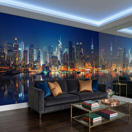 New York Gece Parlak Işıklar Büyüleyici Panorama Lacivert Duvar Kağıdı