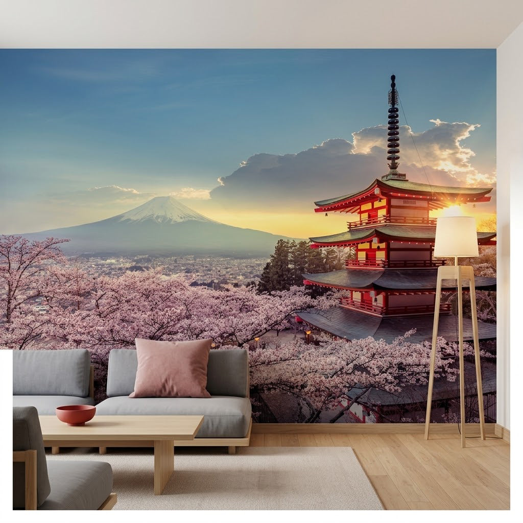 Sakura Kiraz Çiçekleri Fuji Dağı Gün Batımı Romantik Japonya Bahar Pembe Mavi Duvar Kağıdı