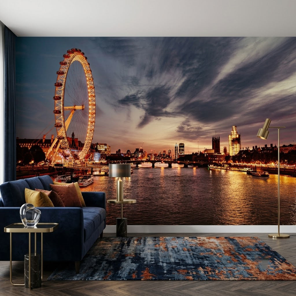 Londra Nehri Gece Işıkları Gün Batımı Dönme Dolap Gri Turuncu Duvar Kağıdı