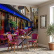 Paris Dar Sokak Restoran Masaları Çiçekli Kafe Mavi Mor Duvar Kağıdı
