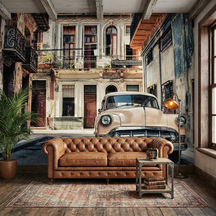 Havana Eski Sokak Vintage Araba Renkli EvlerNostaljik Küba Gri Bej Duvar Kağıdı