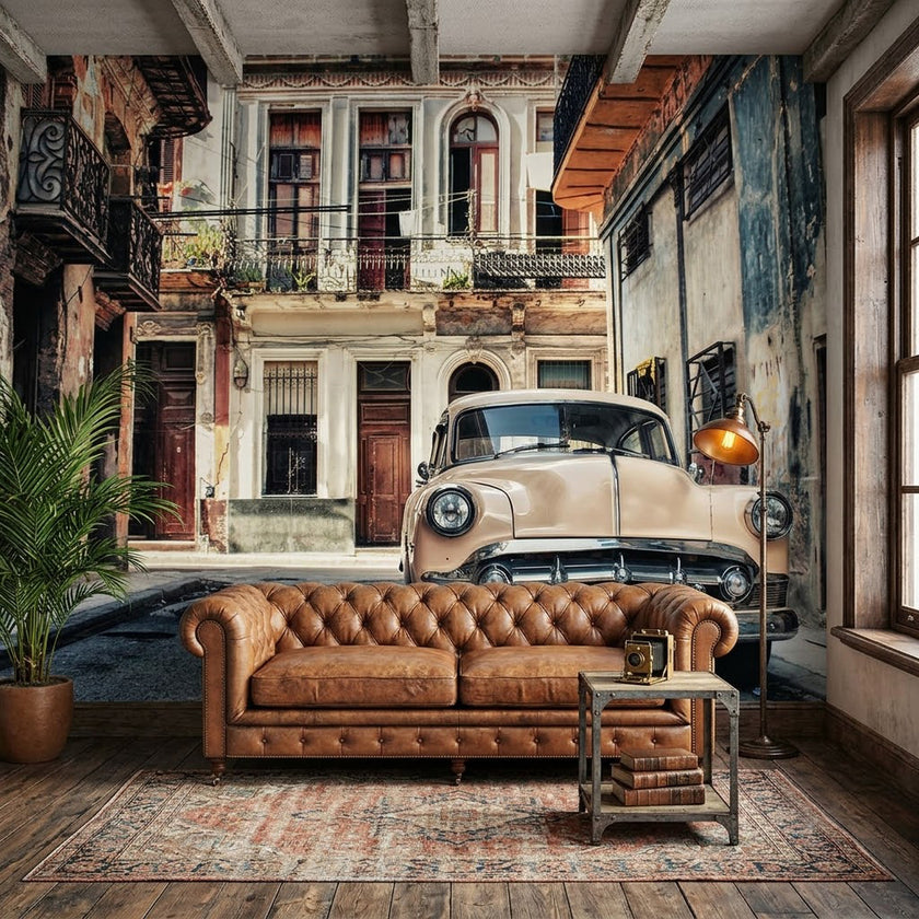 Havana Eski Sokak Vintage Araba Renkli EvlerNostaljik Küba Gri Bej Duvar Kağıdı
