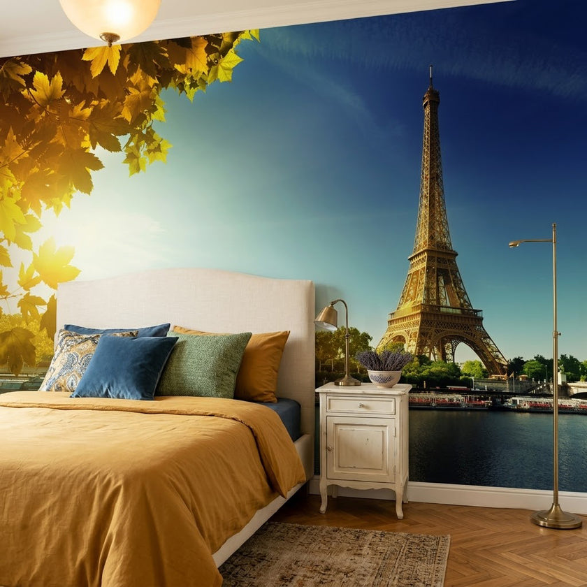 Eyfel Kulesi Sonbahar Sarı Yapraklar Paris Mavi Duvar Kağıdı