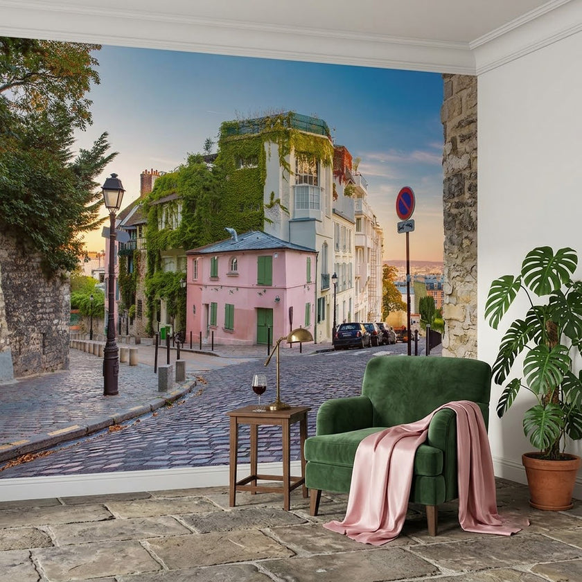 Paris Montmartre Dar Sokak Pembe Ev Sarmaşık Gün Batımı Pastel Duvar Kağıdı