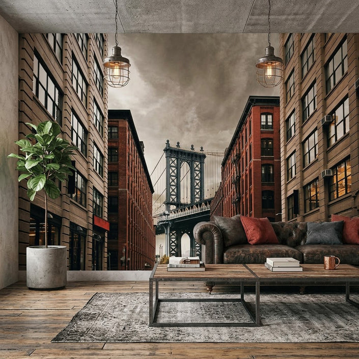 New York Brooklyn Köprüsü Sisli Gökdelenler Dar Sokak Kiremit Bej Duvar Kağıdı