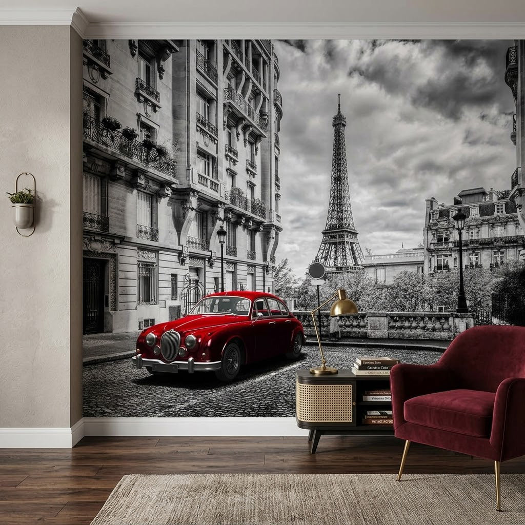Eyfel Kulesi Kırmızı Klasik Araba Monokrom Paris Sokağı Suluboya Siyah Beyaz Duvar Kağıdı