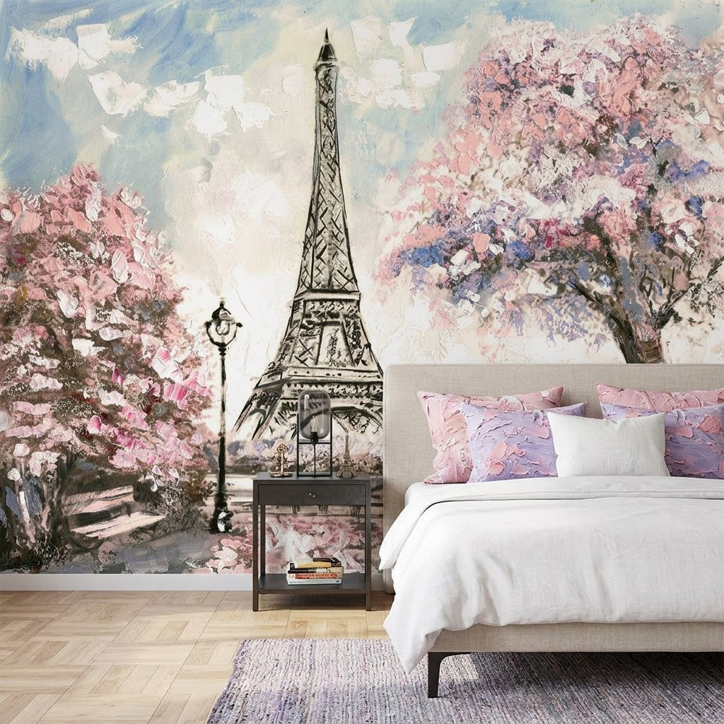 Eyfel Kulesi Pembe Kiraz Çiçekleri Paris Romantik Bahar Aşkı Yağlı Boya Pastel Duvar Kağıdı