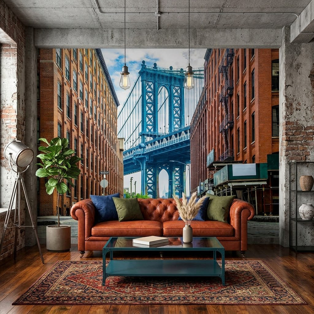 Brooklyn Köprüsü Dar Sokaklar Kırmızı Tuğla Binalar Kiremit Mavi Duvar Kağıdı