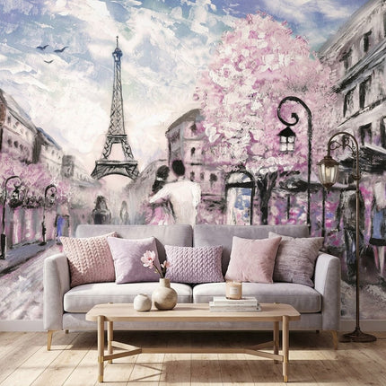 Eyfel Kulesi Pembe Kiraz Çiçekleri Çift Romantik Paris Sokak Yağlı Boya Pastel Duvar Kağıdı