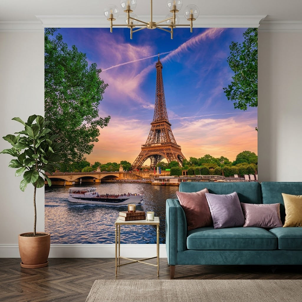 Eyfel Kulesi Nehri Tekne Gün Batımı Paris Mavi Yeşil Duvar Kağıdı