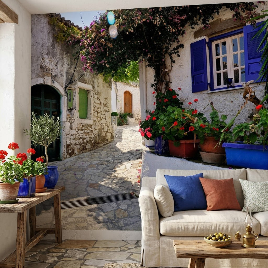 Yunan Adası Dar Sokak Beyaz Evler Mavi Panjur Çiçek Saksıları Akdeniz Köyü Gri Duvar Kağıdı
