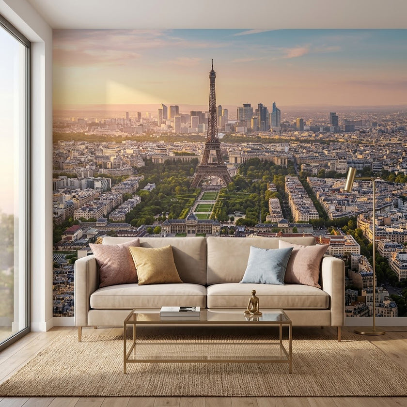 Paris Eyfel Kulesi Panoraması Modern Sıcak Gün Batımı Işığı Mavi Bej Duvar Kağıdı