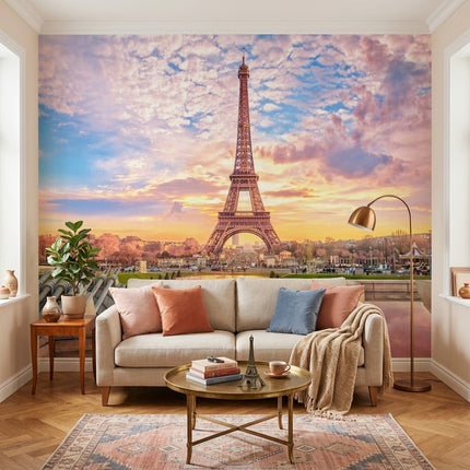 Eyfel Kulesi Paris Panoraması Canlı Gün Batımı Mavi Bej Duvar Kağıdı