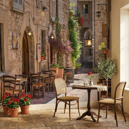 Büyüleyici İtalyan Köy Sokağı Dış Mekan Kafeleri Rustik Taş Sokak Bej Duvar Kağıdı