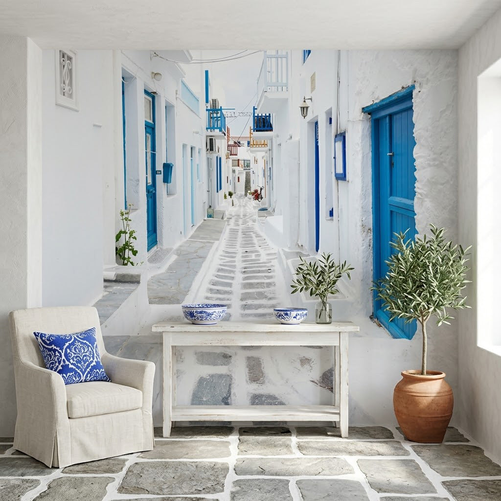 Mikonos Yunan Adası Sokağı Canlı Mavi Kapılar Arnavut Kaldırım Yol Beyaz Duvar Kağıdı