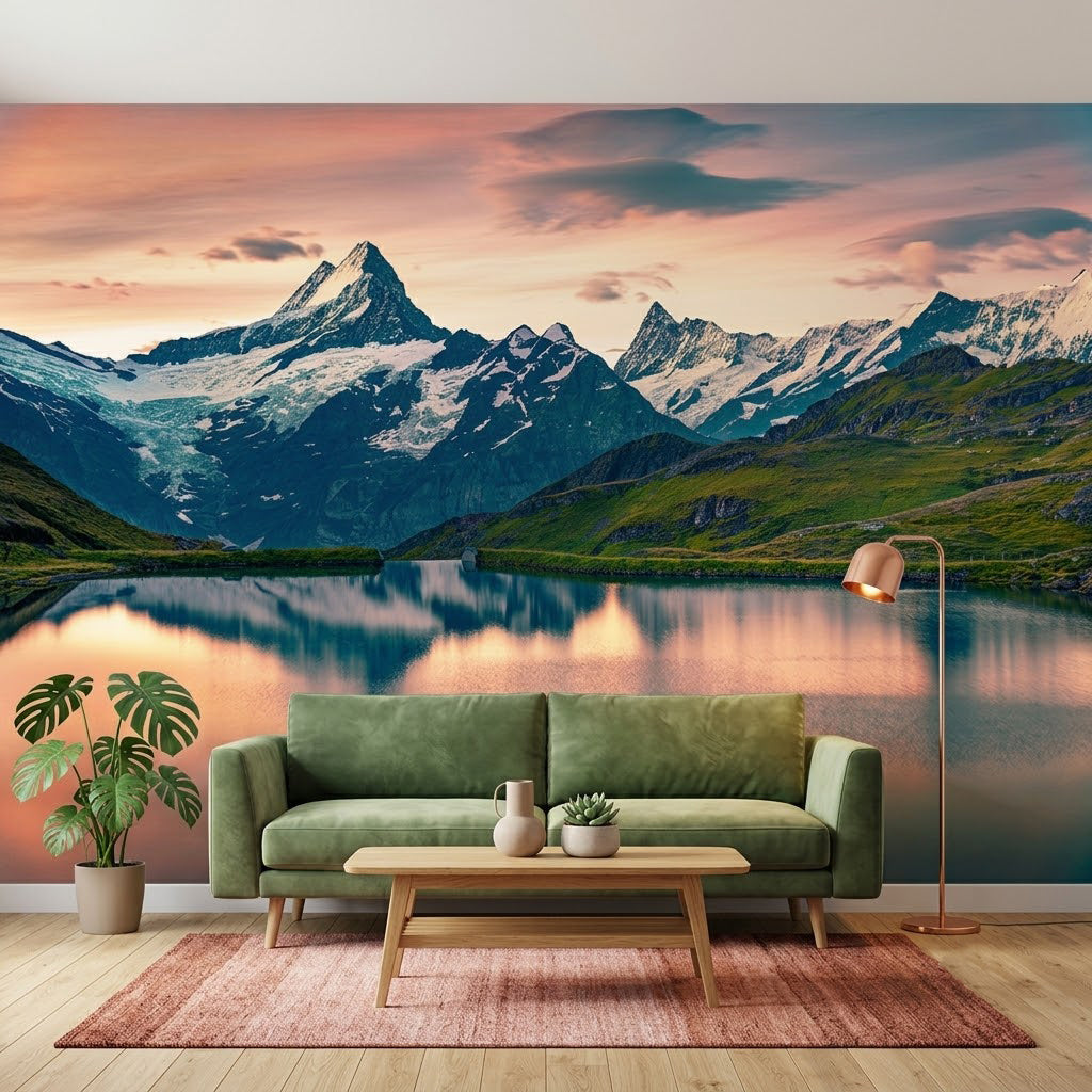 Matterhorn Gün Batımı Yansıması Epik İsviçre Alpleri Panoraması Karlı Dağlar Pembe Duvar Kağıdı