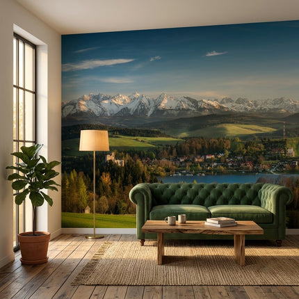 Niedzica Kalesi Gün Batımı Çorsztyn Gölü Tatra Dağları Panoraması Karlı Zirveler Mavi Yeşil Duvar Kağıdı