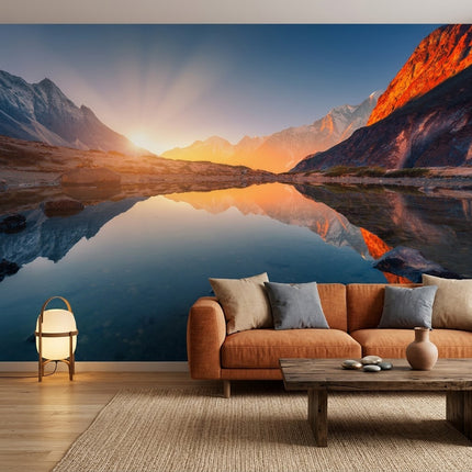 Nefes Kesici Gün Doğumu Yansıması Alpin Gölde Epik Panorama Mavi Turuncu Duvar Kağıdı