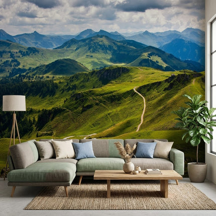 Epik Alpin Kıvrımlı Yol Panoraması Dramatik Yeşil Yuvarlak Tepeler Duvar Kağıdı